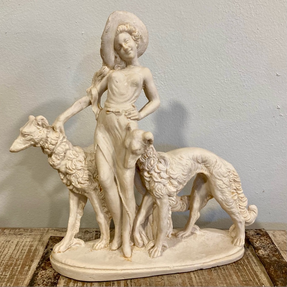Cast Resin Statue Woman with Dogs Cream Colored Sculpture